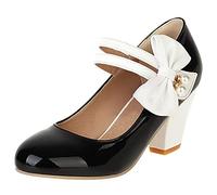 MJIASIAWA Femmes Closed Toe Bloc Mary Jane Escarpins avec Bows Mariage Talons Hauts Formal Robe Eté Fête Chaussures Noir Taille 44 EU/46 Asiatique