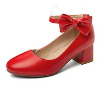 MJIASIAWA Femmes Closed Toe Bridal Fête Mary Jane Bows Bloc Court Soes Mode Talons Moyen Prom Prom Chaussures Rouge Taille 36.5 EU/37 Asiatique