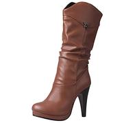 MJIASIAWA Femmes Hiver Classique Talons Hauts Plateforme Bottes Slouch A Enfiler Soirée Robe Warm Rétro Boots Marrón Taille 37 EU/38 Asiatique