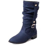MJIASIAWA Femmes Hiver Pointu Décontractée Mi-Mollet Bottes Slouch A Enfiler Equestrian Talons Bas Warm Bottes De Neige Bleu/Dl Taille 37 EU/38 Asiatique