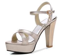 MJIASIAWA Femmes Peep Toe Robe Talons Hauts Sandales Bride Cheville Mariage Bloc Bride Chaussures Prom Plateforme Sandales Or Taille 39 EU/40 Asiatique