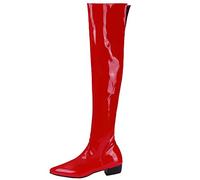 MJIASIAWA Femmes Pointu Hiver Cuir Verni Cuissarde Talons Moyen Cuir Verni Boots Fermeture Éclair Thigh Robe Fête Prom Warm Boots Rouge Taille 43 EU/45 Asiatique