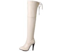 MJIASIAWA Femmes Pointu Hiver Thigh Robe Aiguille Boots Soirée Plateforme Talons Hauts Cuissarde Warm Boots Beige Taille 44 EU/46 Asiatique