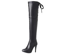 MJIASIAWA Femmes Pointu Hiver Thigh Robe Aiguille Boots Soirée Plateforme Talons Hauts Cuissarde Warm Boots Noir Taille 46 EU/48 Asiatique