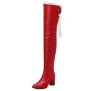 MJIASIAWA Femmes Pointu Thigh Cuir Verni Boots Hiver Warm Bloc Mode Cuissarde Fête Bottes Longue Rouge Taille 41 EU/43 Asiatique