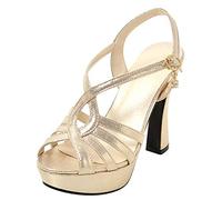 MJIASIAWA Femmes Strappy Peep Toe Mariage Talons Hauts Romain Sandales Bride Cheville Elegant Bloc Soirée Robe Chaussures Or Taille 38 EU/39 Asiatique