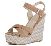 MJIASIAWA Plateforme Espadrilles Compensées Femmes Bout Ouvert Bride Cheville Sandales Confort Eté Décontractée Talons Hauts Mode Chaussures Marrón Taille 34 EU
