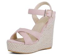 MJIASIAWA Plateforme Espadrilles Compensées Femmes Bout Ouvert Bride Cheville Sandales Confort Eté Décontractée Talons Hauts Mode Chaussures Rose Taille 44 EU/46 Asiatique