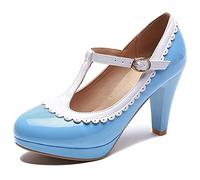 MJIASIAWA T Strap Mary Jane Femmes Closed Toe Bows Plateforme Talons Hauts Escarpins Mariage Fête Soirée Robe Bride Chaussures Light-Bleu Taille 43 EU/45 Asiatique
