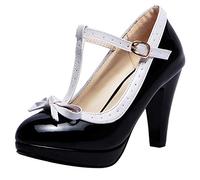 MJIASIAWA Talons Hauts Mary Jane Femmes T Strap Bridal Plateforme Escarpins Bows Closed Toe Bridesmaid Formal Robe Chaussures Noir Taille 44 EU/46 Asiatique