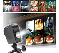 MJJAOQYF Halloween Christmas Holographic Window LED Projecteur Lights, 12 Films Festival Decoration for Home Party, avec Un Trépied,Noir