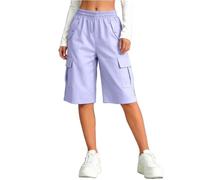 Mjjsk Bermuda cargo pour fille - Longueur genou - Jambe droite - Taille élastique - Pantalon court d'été décontracté et léger avec poches