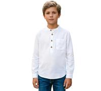 Mjjsk Chemise boutonnée à manches longues et col grand-père pour garçon, blanc, 7-8 ans
