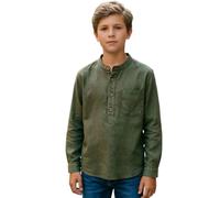 Mjjsk Chemise boutonnée à manches longues et col grand-père pour garçon, Vert, 7-8 ans