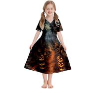 Mjjsk Costume d'Halloween effrayant pour fille - Citrouille sanglante - Manches courtes - Robe évasée - Tenue décontractée pour fête d'anniversaire, A-2-Orange, 5-6 ans