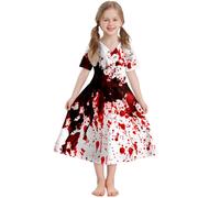 Mjjsk Costume d'Halloween effrayant pour fille - Citrouille sanglante - Manches courtes - Robe évasée - Tenue décontractée pour fête d'anniversaire, #-1-Rouge, 5-6 ans