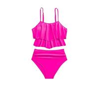 Mjjsk Ensemble bikini 2 pièces pour filles - Maillot de bain à volants - Maillot de bain de vacances - Bretelles spaghetti - Tenue d'été, rose vif, 15-16 ans