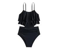 Mjjsk Ensemble bikini 2 pièces pour filles - Maillot de bain à volants - Maillot de bain de vacances - Bretelles spaghetti - Tenue d'été, Noir , 15-16 ans
