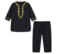 Mjjsk Ensemble de vêtements musulmans à manches longues avec chemise brodée et pantalon du Moyen-Orient pour enfants 2 pièces Tenue traditionnelle indienne Dubaï, Noir , 3-4 ans