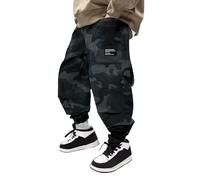 Mjjsk Pantalon cargo pour garçon - Taille élastique - Camouflage - Pantalon de jogging décontracté et élégant - Pantalon de jogging pour enfants - Pantalon de combat pour l'extérieur, Noir , 13-14 ans