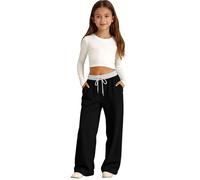 Mjjsk Pantalon de survêtement ample pour filles - Pantalon d'école ample - Jambe droite - Pantalon de survêtement décontracté à taille élastique - Pantalon de jogging confortable, Y1-2-noir, 14-15 ans