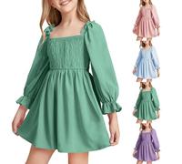 Mjjsk Robe de fête élégante à manches longues avec volants dans le dos pour fille - Robe de princesse pour mariage ou anniversaire - Robe décontractée unie, Y2-1-vert, 5-6 ans
