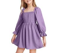 Mjjsk Robe de fête élégante à manches longues avec volants dans le dos pour fille - Robe de princesse pour mariage ou anniversaire - Robe décontractée unie, Y2-1-violet, 9-10 ans