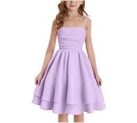 Mjjsk Robe d'été plissée à bretelles spaghetti pour filles, robe trapèze décontractée pour enfants, robe d'été fluide pour princesse, anniversaire, fête de mariage