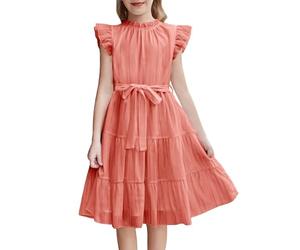Mjjsk Robe d'été plissée à bretelles spaghetti pour filles, robe trapèze décontractée pour enfants, robe d'été fluide pour princesse, anniversaire, fête de mariage