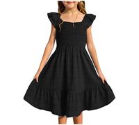 Mjjsk Robe d'été pour filles, robe trapèze à volants et manches à volants pour filles, robe d'été décontractée, festive, mariage, vêtements scolaires pour enfants, A10, Noir , 7-8 ans