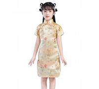 Mjjsk Robe Qipao chinoise à manches courtes Cheongsam pour enfants, fête d'anniversaire, Nouvel An, tenues traditionnelles chinoises mignonnes, jaune, 7-8 ans