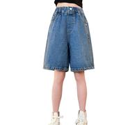 Mjjsk Short en jean pour filles taille haute élastique en denim bermuda pour adolescentes jeans baggy amples shorts d'été tendance pour enfants mode de rue, 14-15 ans