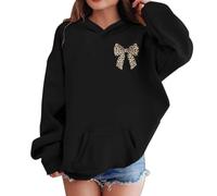 Mjjsk Sweat à capuche pour fille avec nœud imprimé | Pull à capuche à manches longues avec imprimé léopard et nœud papillon, doux et confortable, pour enfants, école, mode