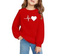 Mjjsk Sweat-shirt à col rond pour filles - Imprimé cœurs - Pull décontracté pour enfants - Léger et confortable - Haut à manches longues pour enfants, Rouge, 3-4 ans