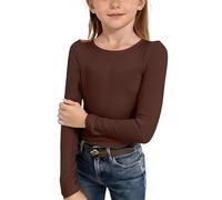 Mjjsk T-shirt côtelé à manches longues pour fille - Col rond - Tendance - Coupe ajustée - Confortable - Couche de base douce - Classique - Uni, marron, 9-10 ans