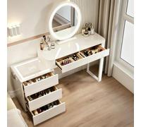 MJKCBD Blanche Coiffeuse avec Miroir à LED, Éclairage 3 Couleurs Réglable, Armoire Intelligente (Parleur Bluetooth & USB) - 5 Tiroirs Spacieux, Moderne