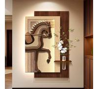 MJMLUCK Tableau décoratif 3D en grès pour entrée, Tableau Vertical Suspendu avec Vase en Verre, Sculpture Murale LED avec télécommande, décoration Murale LED 3D pour Bureau, Couloir (Marron 70 x 100