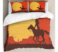 MJNLYDAO literie de Housse de Couette et d'oreiller.Cet Ensemble particulièrement adapté aux Personnes allergiques.Silhouette d'un Indien d'Amérique à Cheval avec Une Lance sur Un Panne.228x264cm