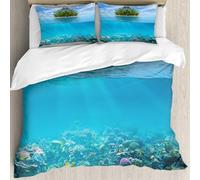 MJNLYDAO literie de Housse de Couette et d'oreiller.Cet Ensemble particulièrement adapté aux Personnes allergiques.Petite île Tropicale et Solitaire au Bord de la mer avec Une Flore et .228x264cm