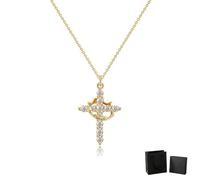 MJOYIS Hiscrown Cross & Crown Necklace,Gold Rotatable Crown Sideways Cross Necklace,Tiny Gold Jewelry(Gold)