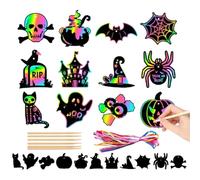 Mjzzh 24 Cartes à gratter DIY pour Halloween pour Enfants, Articles de décoration pour fêtes et Jeux, Cartes à gratter pour la fête des Morts, avec Rubans colorés et stylos en Bois.