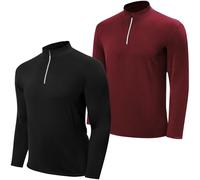 MK MATT KEELY Lot de 2 Running Shirt Manche Longue pour Homme 1/4 Zip Hauts Sport Séchage Rapide pour D'extérieur Golf Gym,Noir/Rouge,M