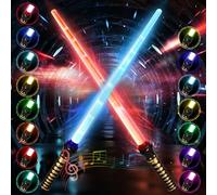 MKAKYES Sabre Laser, 2 Pièces 15 Couleurs Lightsaber avec Effets sonores FX, 2 en 1 Sabre Laser Lumineux, Jouets Sabre Laser pour Enfants, pour Halloween, Cosplay, Fêtes sur Samouraïs
