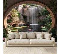 MKBKLI Fond D'Écran 3D Mural Arche circulaire lotus pont bois Papier Peint Intissé Tapisserie Panoramique Poster Décoration Murales Chambre Adulte Enfant Salon Tv 300x210Cm