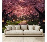 MKBKLI Papier Peint Panoramique Allée bordée lanternes et cerisiers en fleurs Murale 3D Intissé Fresque Poster Décoration Fond De Mur Tv Salon Chambre 350 (H) x 256 (L) cm