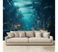 MKBKLI Papier Peint Panoramique Ruines sous-marines bleues avec requin Murale 3D Intissé Fresque Poster Décoration Fond De Mur Tv Salon Chambre 350 (H) x 256 (L) cm