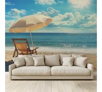 MKBKLI Papier Peint Plage Transat Parasol Panoramique Géant 3D 200x140 cm, Décoration Murale Design Moderne pour Salon Chambre Salle à Manger Chambre d’Enfant Maison