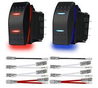 MKBKLLJY Lot de 2 interrupteurs à bascule automatiques marche/arrêt/marche - 3 positions - Étanche CC 12 V/20 A 24 V/10 A 7 broches DPDT - Bleu rouge - Lumière LED avec câble de pontage pour bateau