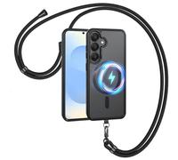 Mkej Coque Magnétique avec Cordon Compatible avec Samsung Galaxy S25, Compatible avec MagSafe, Etui Translucide Mat Arrière, Housse Téléphone Antichoc avec Collier Lanière Réglable Téléphone, Noir