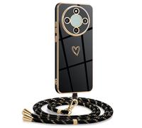 Mkej Coque pour Honor Magic 8 Lite 5G avec Cordon, Coque avec Collier Motif Coeur d'amour Silicone Galvanisé Housse, Réglable Amovible de Cordon Case pour Honor Magic 8 Lite 5G, Or Noir